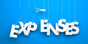 Symbolizes discounts and prices drop. White word "expenses" suspended by ropes on blue background